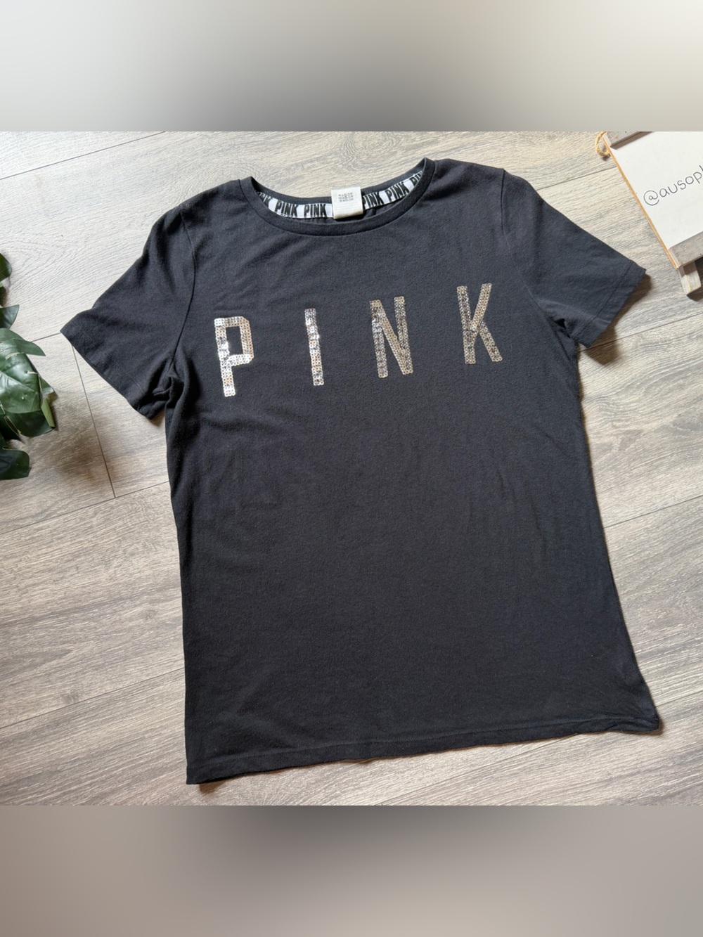 PINK Victoria's Secret Black Short Sleeve Tee w Silver Sequin Logo. Size S